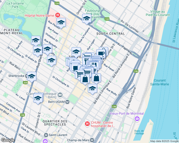 map of restaurants, bars, coffee shops, grocery stores, and more near 1447 Rue Montcalm in Montréal