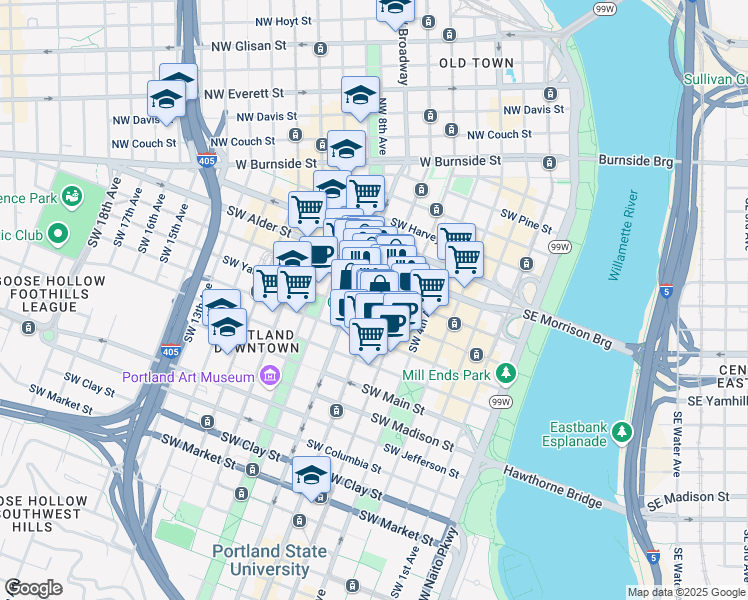 map of restaurants, bars, coffee shops, grocery stores, and more near 780 Southwest Broadway in Portland
