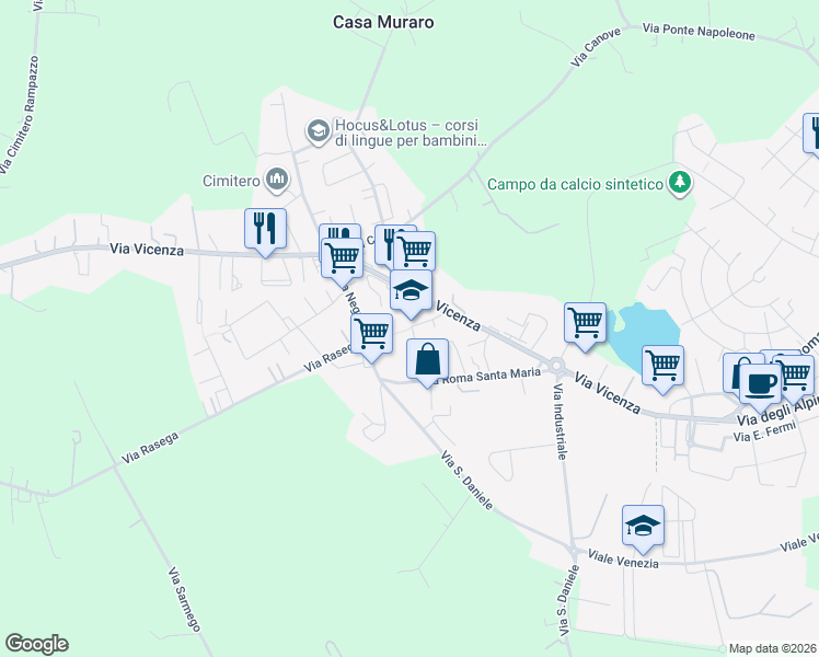 map of restaurants, bars, coffee shops, grocery stores, and more near 30 Via Perin Don Stefano in Camisano Vicentino