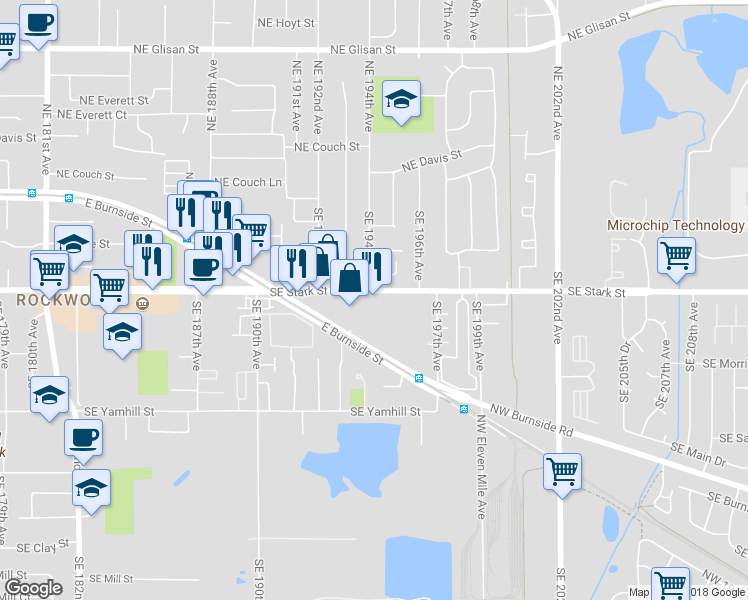 map of restaurants, bars, coffee shops, grocery stores, and more near 19422 Southeast Stark Street in Portland