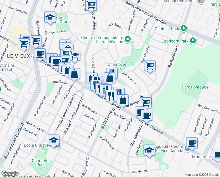 map of restaurants, bars, coffee shops, grocery stores, and more near 3080 Rue Masson in Longueuil