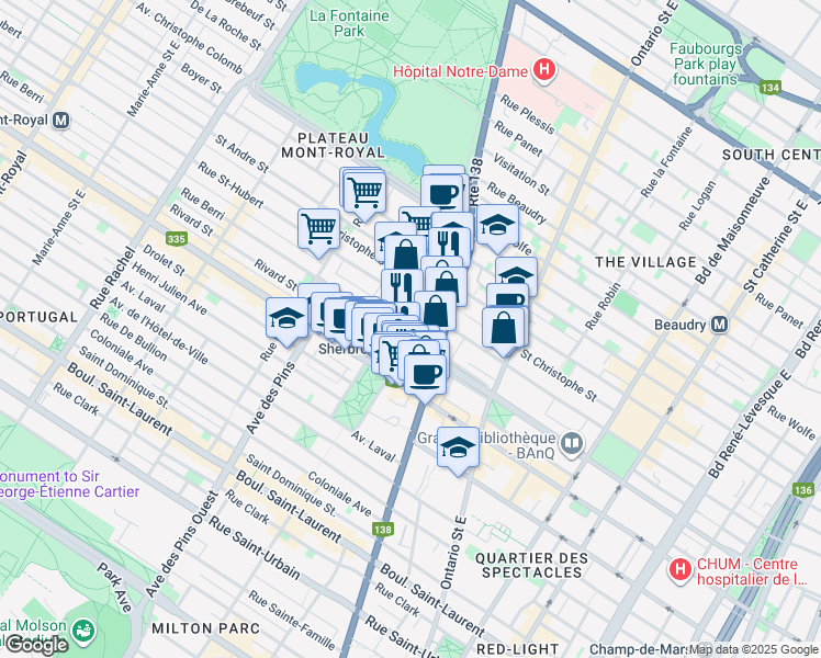 map of restaurants, bars, coffee shops, grocery stores, and more near in Montreal