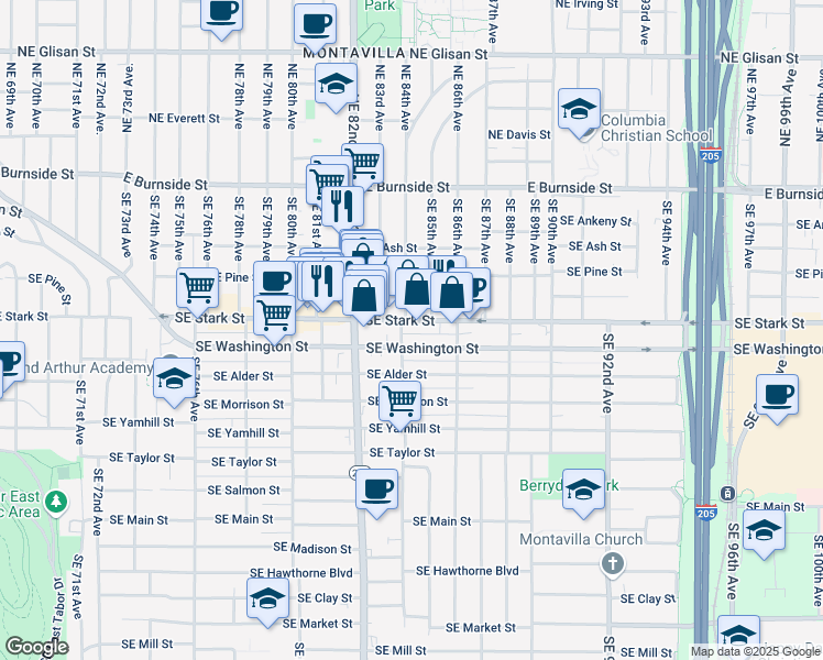 map of restaurants, bars, coffee shops, grocery stores, and more near 8418 Southeast Stark Street in Portland