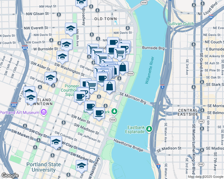 map of restaurants, bars, coffee shops, grocery stores, and more near 104 Southeast Morrison Bridge in Portland