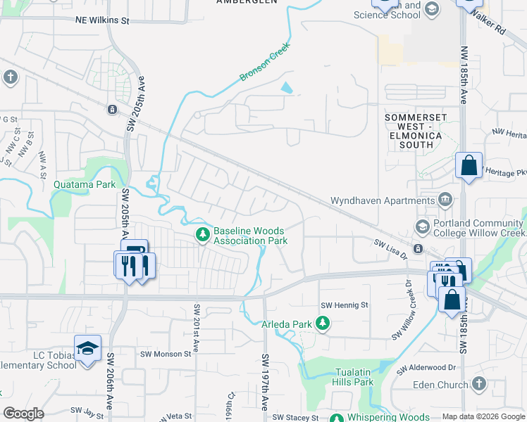 map of restaurants, bars, coffee shops, grocery stores, and more near Redwood Drive in Beaverton