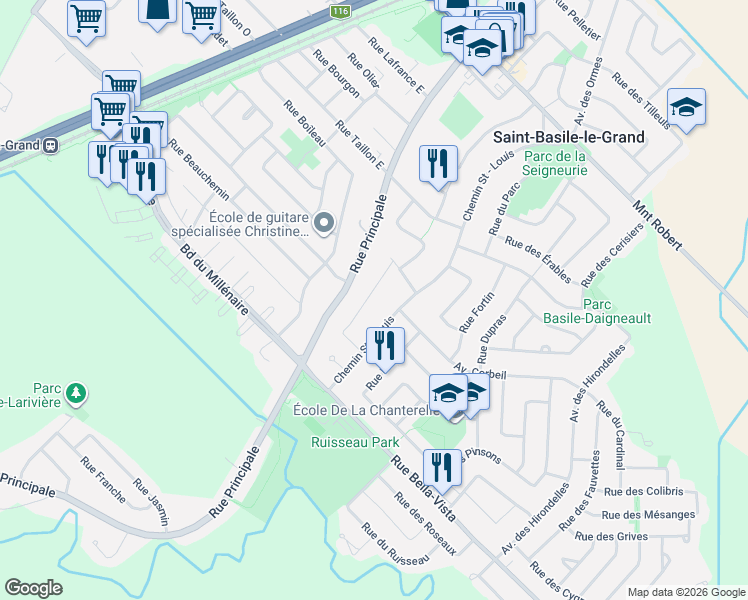 map of restaurants, bars, coffee shops, grocery stores, and more near 32 Rue Marcoux in Saint-Basile-le-Grand