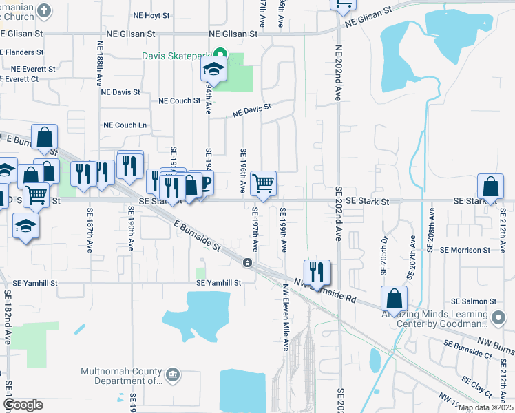 map of restaurants, bars, coffee shops, grocery stores, and more near 19700 Southeast Stark Street in Portland
