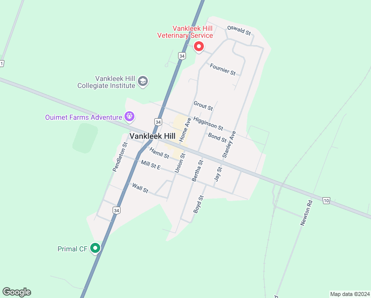 map of restaurants, bars, coffee shops, grocery stores, and more near Regional Road 10 in Prescott and Russell United Counties