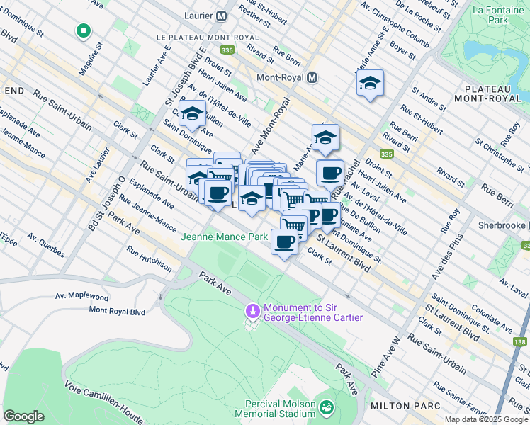 map of restaurants, bars, coffee shops, grocery stores, and more near in Montreal