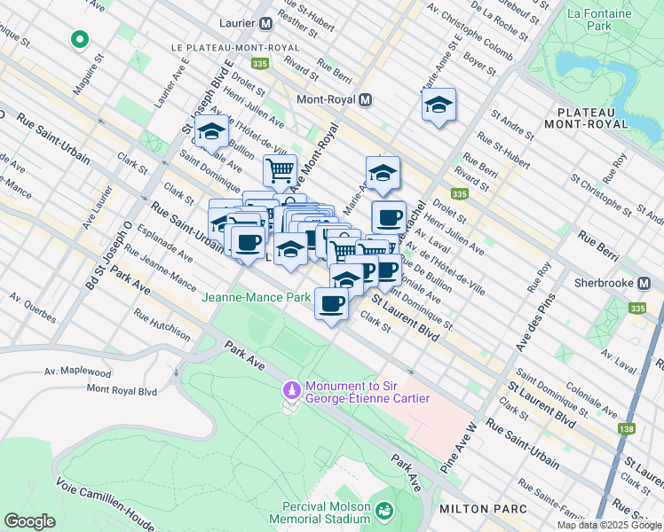 map of restaurants, bars, coffee shops, grocery stores, and more near 4293 Boulevard Saint-Laurent in Montréal