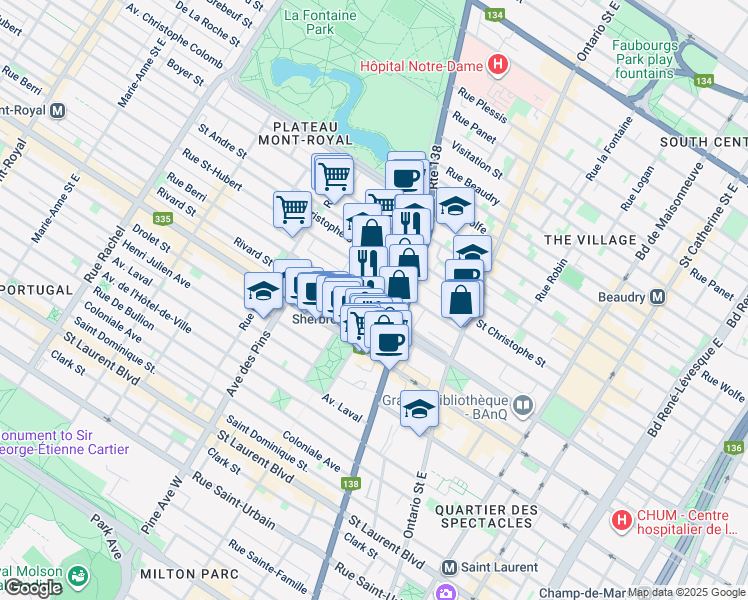 map of restaurants, bars, coffee shops, grocery stores, and more near in Montreal