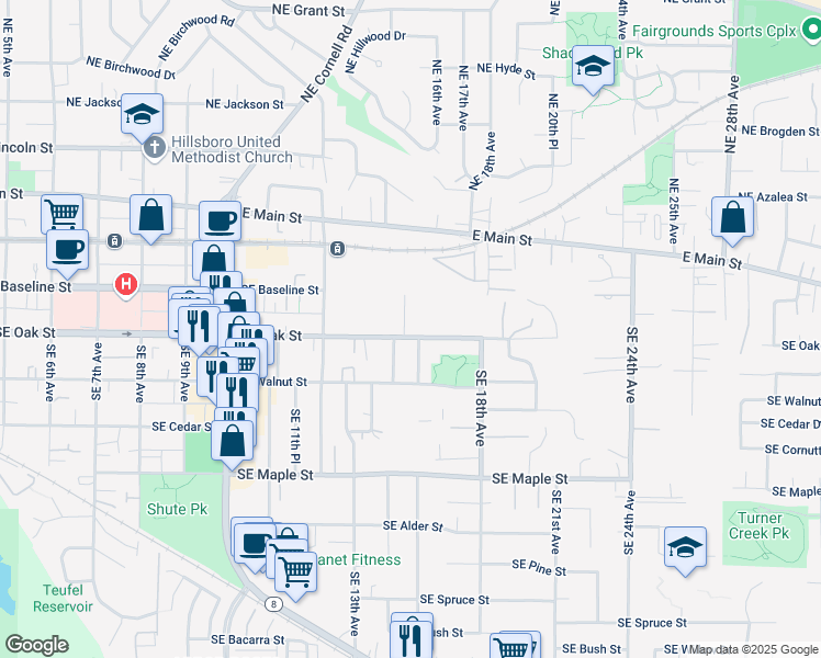 map of restaurants, bars, coffee shops, grocery stores, and more near 380 Southeast 15th Avenue in Hillsboro