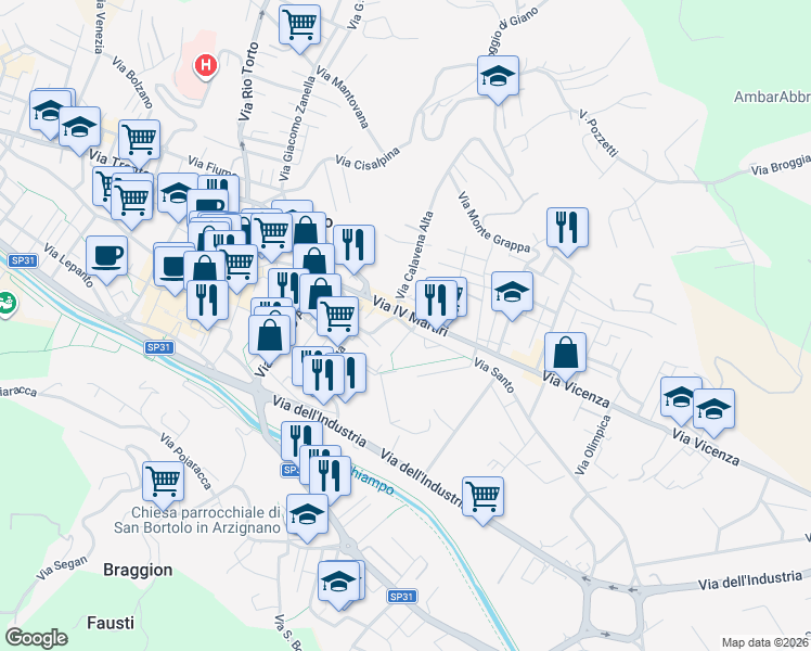 map of restaurants, bars, coffee shops, grocery stores, and more near 49 Via IV Martiri in Arzignano