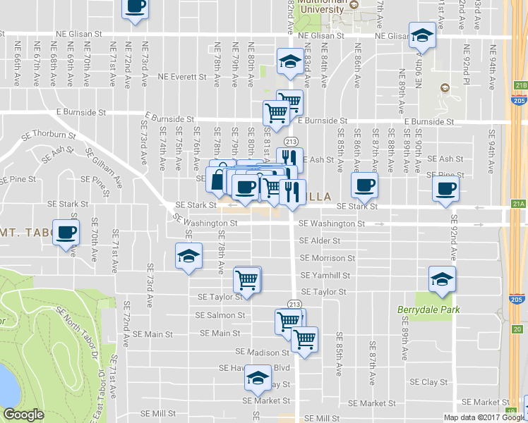 map of restaurants, bars, coffee shops, grocery stores, and more near 8040 Southeast Stark Street in Portland