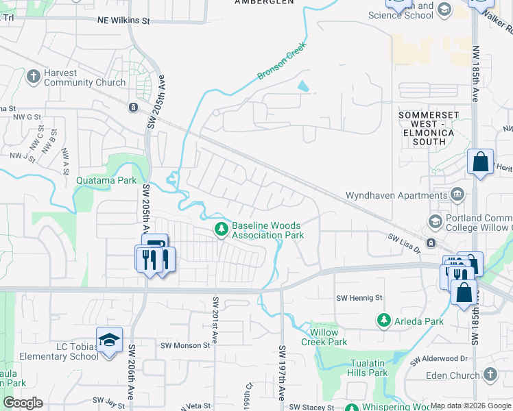 map of restaurants, bars, coffee shops, grocery stores, and more near 33 Southwest Poplar Boulevard in Beaverton