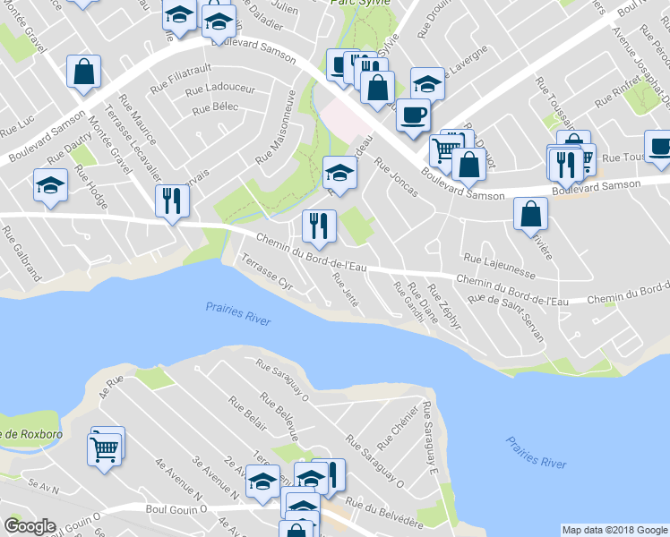 map of restaurants, bars, coffee shops, grocery stores, and more near 563 Rue Jetté in Laval