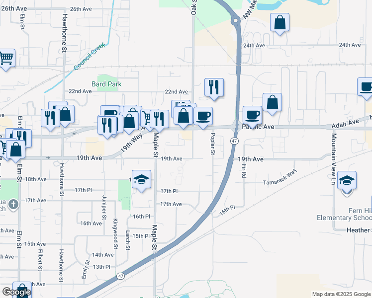 map of restaurants, bars, coffee shops, grocery stores, and more near 1916 Oak Street in Forest Grove