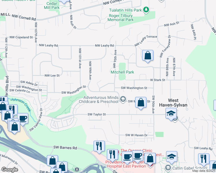 map of restaurants, bars, coffee shops, grocery stores, and more near 9580 Southwest Washington Place in Portland