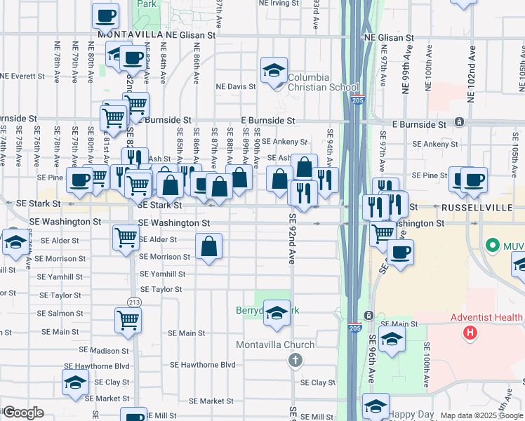 map of restaurants, bars, coffee shops, grocery stores, and more near 9008 Southeast Stark Street in Portland