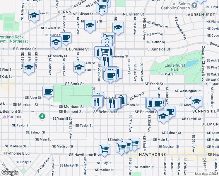 map of restaurants, bars, coffee shops, grocery stores, and more near 516 Southeast 28th Avenue in Portland