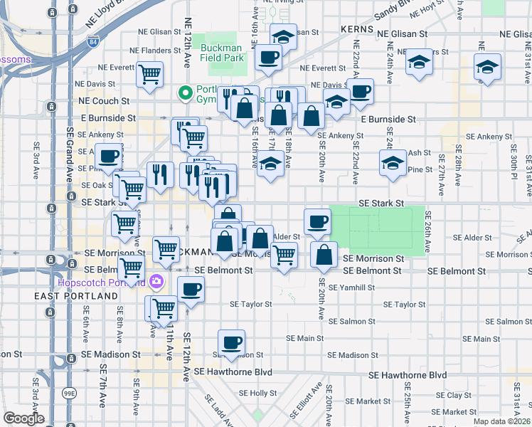 map of restaurants, bars, coffee shops, grocery stores, and more near 1624 Southeast Stark Street in Portland