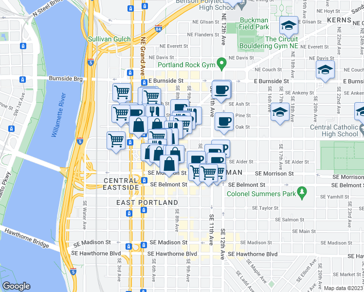 map of restaurants, bars, coffee shops, grocery stores, and more near 722 Southeast Sandy Boulevard in Portland