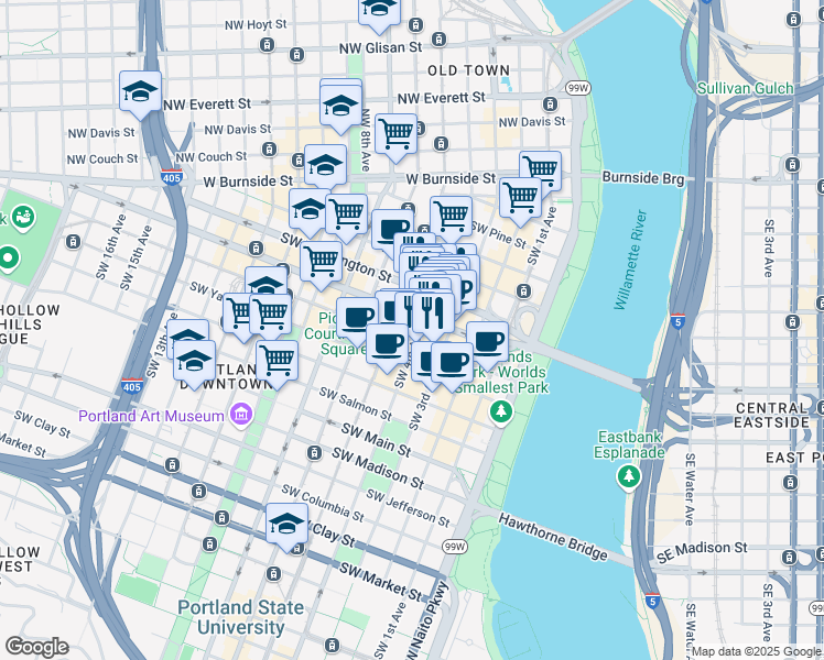 map of restaurants, bars, coffee shops, grocery stores, and more near 320 Southwest Alder Street in Portland