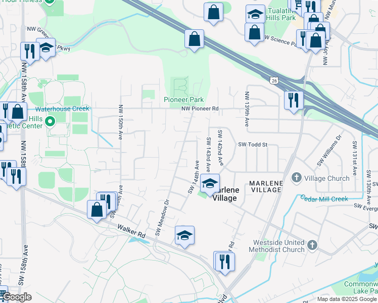map of restaurants, bars, coffee shops, grocery stores, and more near 100 Southwest Meadow Drive in Beaverton