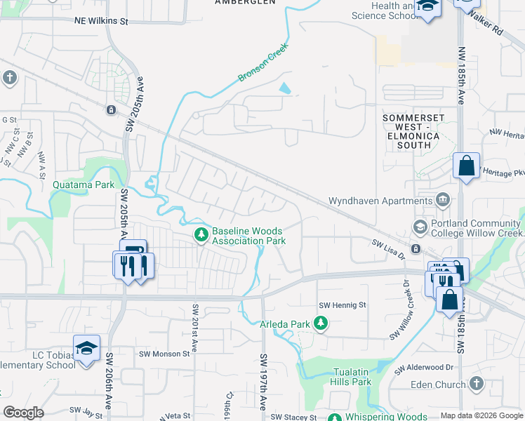 map of restaurants, bars, coffee shops, grocery stores, and more near Redwood Drive in Beaverton