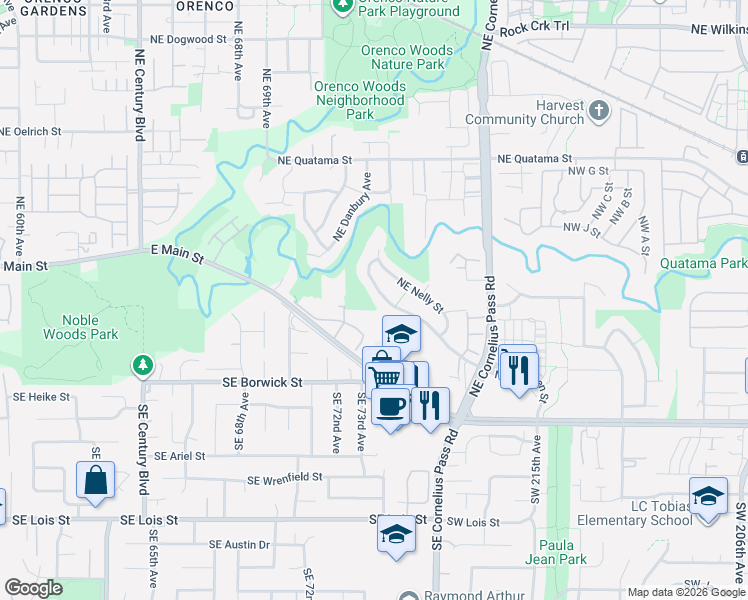 map of restaurants, bars, coffee shops, grocery stores, and more near 7285 Northeast Shaleen Street in Hillsboro