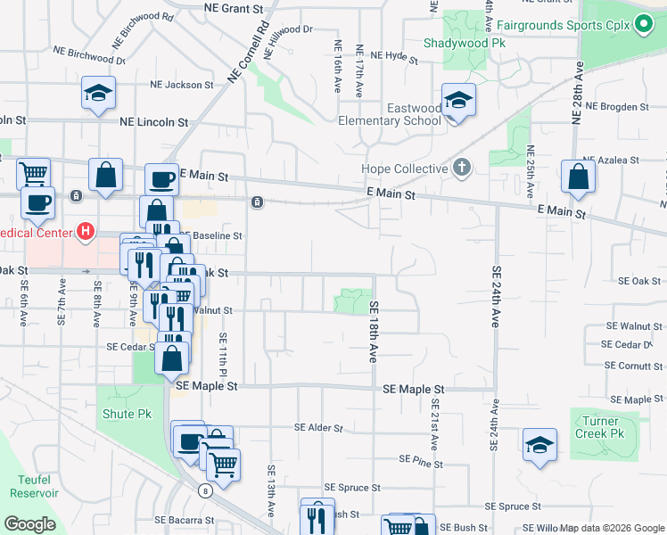 map of restaurants, bars, coffee shops, grocery stores, and more near 1665 Southeast Oak Street in Hillsboro
