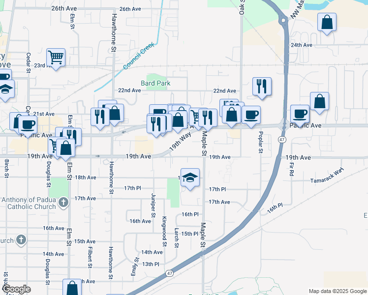 map of restaurants, bars, coffee shops, grocery stores, and more near 3045 19th Avenue in Forest Grove