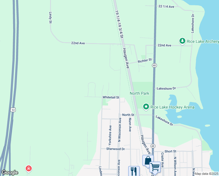 map of restaurants, bars, coffee shops, grocery stores, and more near 803 Whitetail Street in Rice Lake