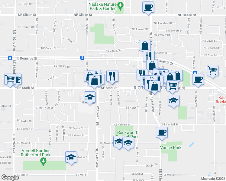 map of restaurants, bars, coffee shops, grocery stores, and more near 17544 Southeast Stark Street in Portland