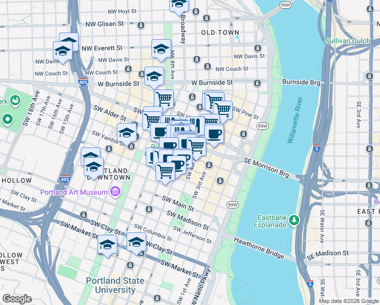 map of restaurants, bars, coffee shops, grocery stores, and more near 700 Southwest 5th Avenue in Portland
