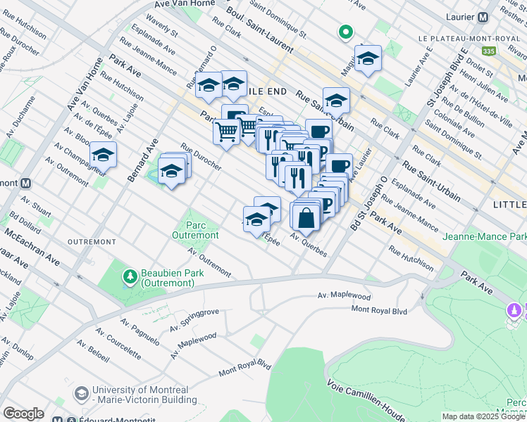 map of restaurants, bars, coffee shops, grocery stores, and more near 237 Avenue Querbes in Montréal