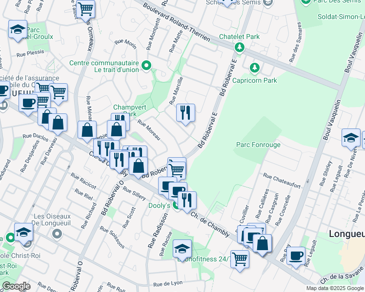 map of restaurants, bars, coffee shops, grocery stores, and more near 242 Rue Menneval in Longueuil