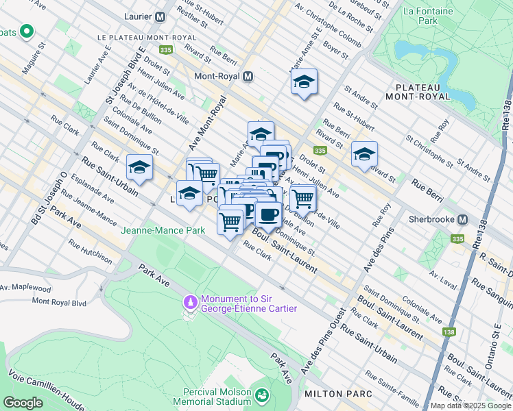 map of restaurants, bars, coffee shops, grocery stores, and more near 83 Rue Rachel Est in Montréal