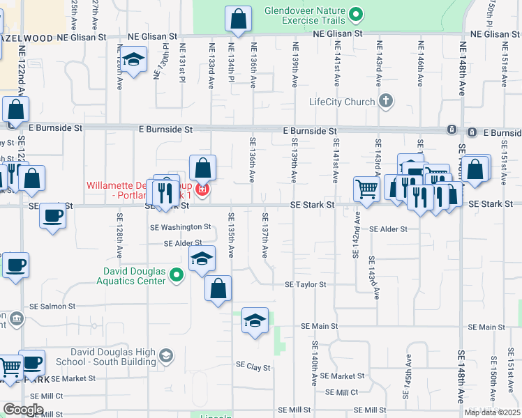 map of restaurants, bars, coffee shops, grocery stores, and more near 13640 Southeast Stark Street in Portland