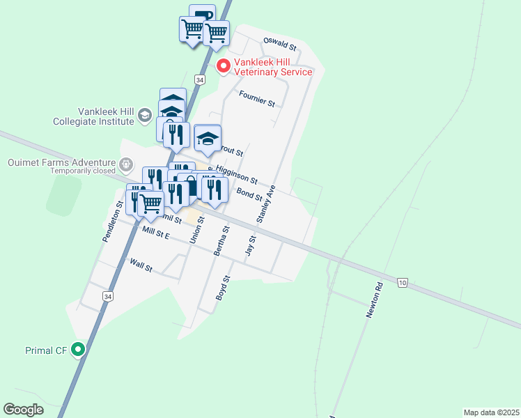 map of restaurants, bars, coffee shops, grocery stores, and more near 24 Stanley Avenue in Vankleek Hill