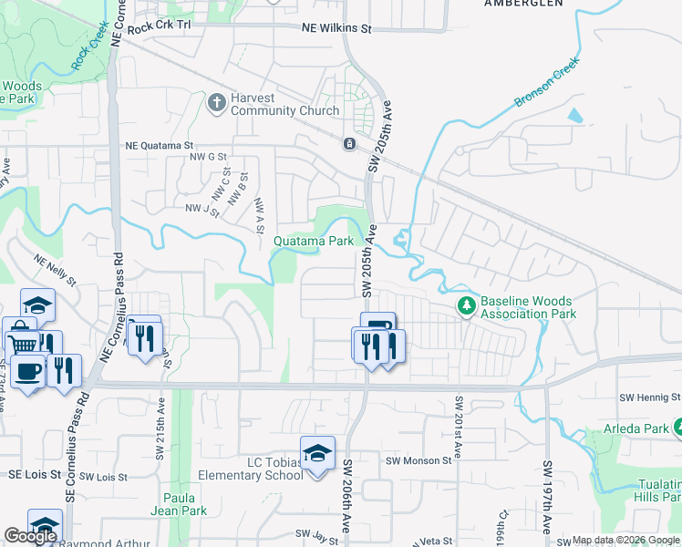 map of restaurants, bars, coffee shops, grocery stores, and more near 20622 Southwest Bingo Lane in Beaverton