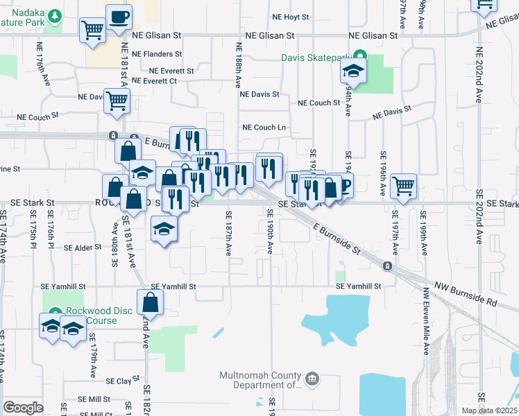 map of restaurants, bars, coffee shops, grocery stores, and more near 18836 Southeast Stark Street in Portland