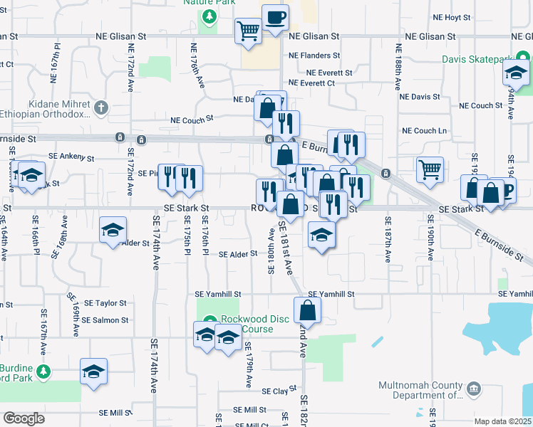 map of restaurants, bars, coffee shops, grocery stores, and more near 18000 Southeast Stark Street in Portland