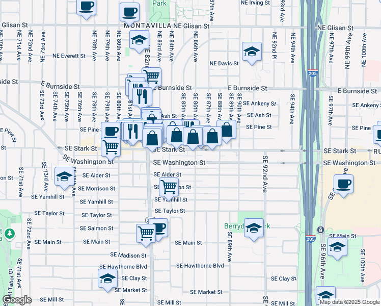map of restaurants, bars, coffee shops, grocery stores, and more near 8524 Southeast Stark Street in Portland