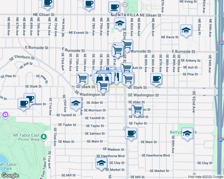 map of restaurants, bars, coffee shops, grocery stores, and more near 7912 Southeast Washington Street in Portland