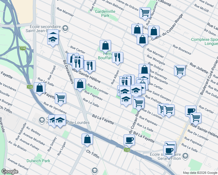 map of restaurants, bars, coffee shops, grocery stores, and more near 1082 Rue Sainte-Hélène in Longueuil