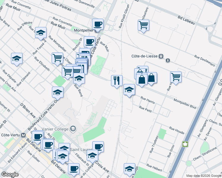 map of restaurants, bars, coffee shops, grocery stores, and more near 730 Montpellier Boulevard in Montreal
