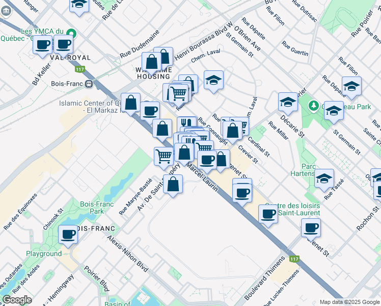 map of restaurants, bars, coffee shops, grocery stores, and more near 2015 Boulevard Marcel-Laurin in Montréal