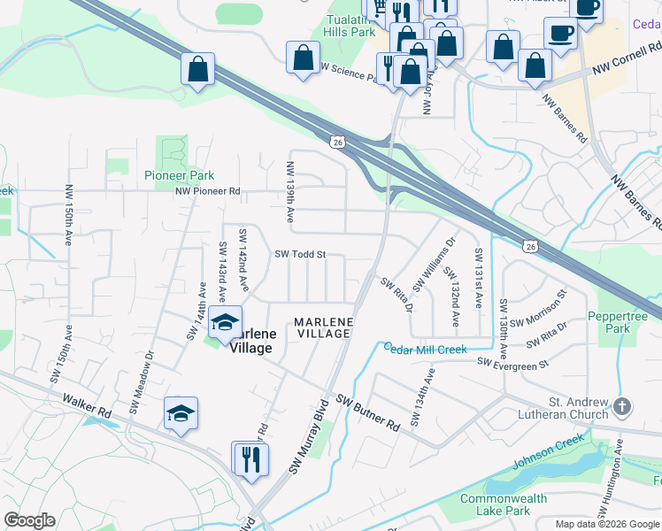 map of restaurants, bars, coffee shops, grocery stores, and more near 80 Southwest 138th Avenue in Beaverton