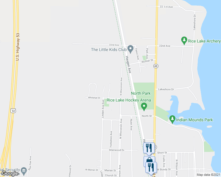 map of restaurants, bars, coffee shops, grocery stores, and more near 803 Whitetail Street in Rice Lake